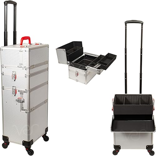 Miniatura 8 de VER Beauty Estuche de viaje profesional 6 en 1 con ruedas para maquillaje profesional con 4 ruedas y tapa adicional, Lavenda a rayas, Estuche de