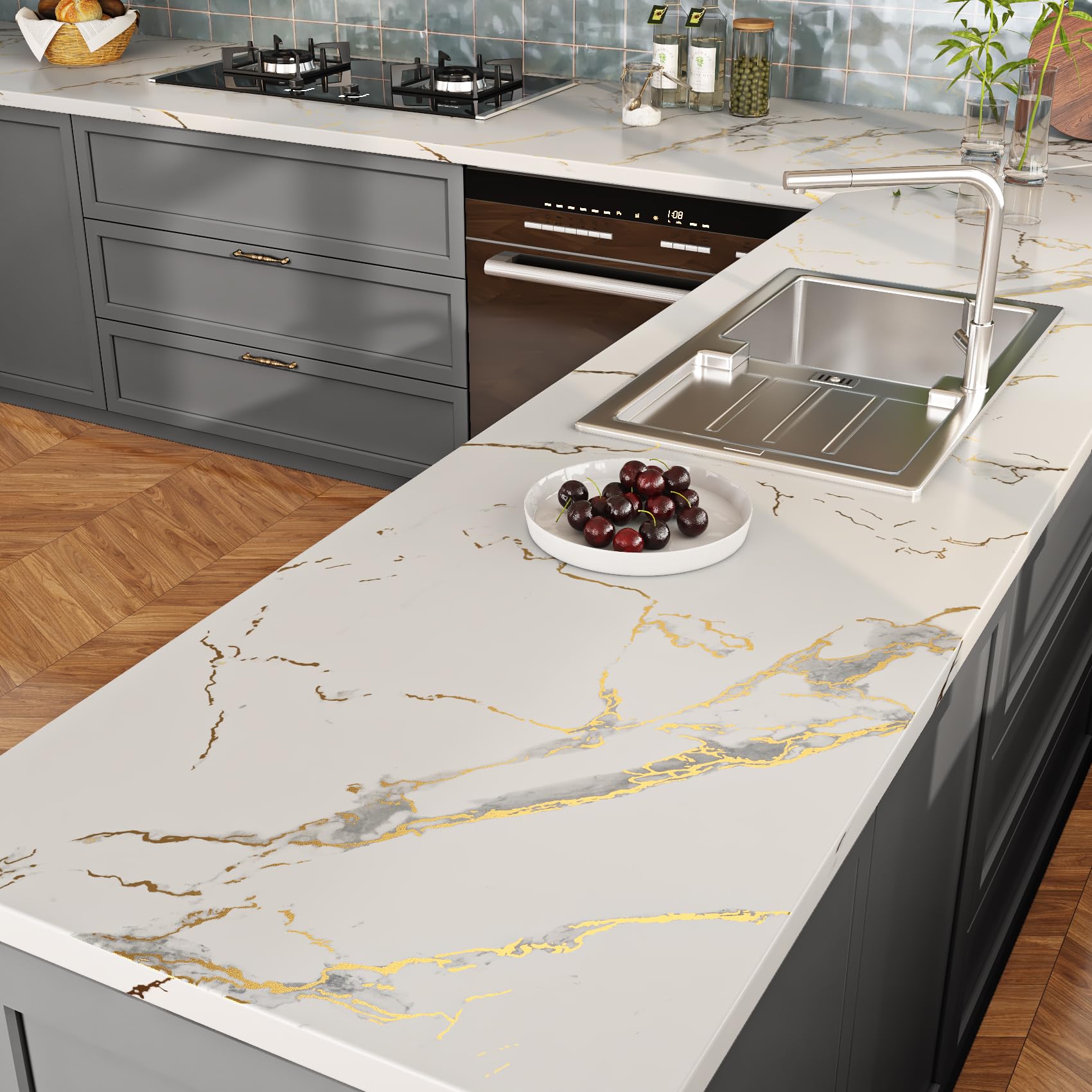 Decotalk Papel Adhesivo para Muebles Cocina Mármol Blanco y Oro 81X500cm Vinilo Adhesivo Muebles Blanco Mármol Papel Pintado Autoadhesivo Baño Vinilos Decorativo Mesa Armario Removible Impermeable