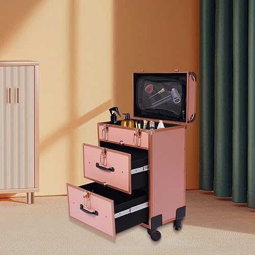 Miniatura 4 de Estuche de maquillaje rodante de 3 capas, estuche de maquillaje con ruedas, estuche de viaje para artista de maquillaje con 4 ruedas universales,