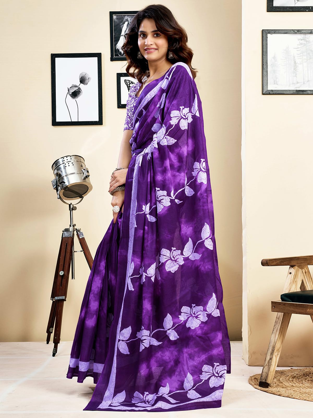 Satrani Women's Pure Cotton Printed Ready To Wear Saree With Pocket And Unstitched Blouse Piece (39Rs146_Purple2)