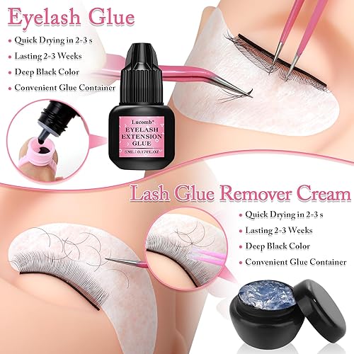 Miniatura 5 de Kit profesional de 404 suministros para extensiones de pestañas con racimos de pestañas, abanico de pestañas, pegamento de extensión, removedor de