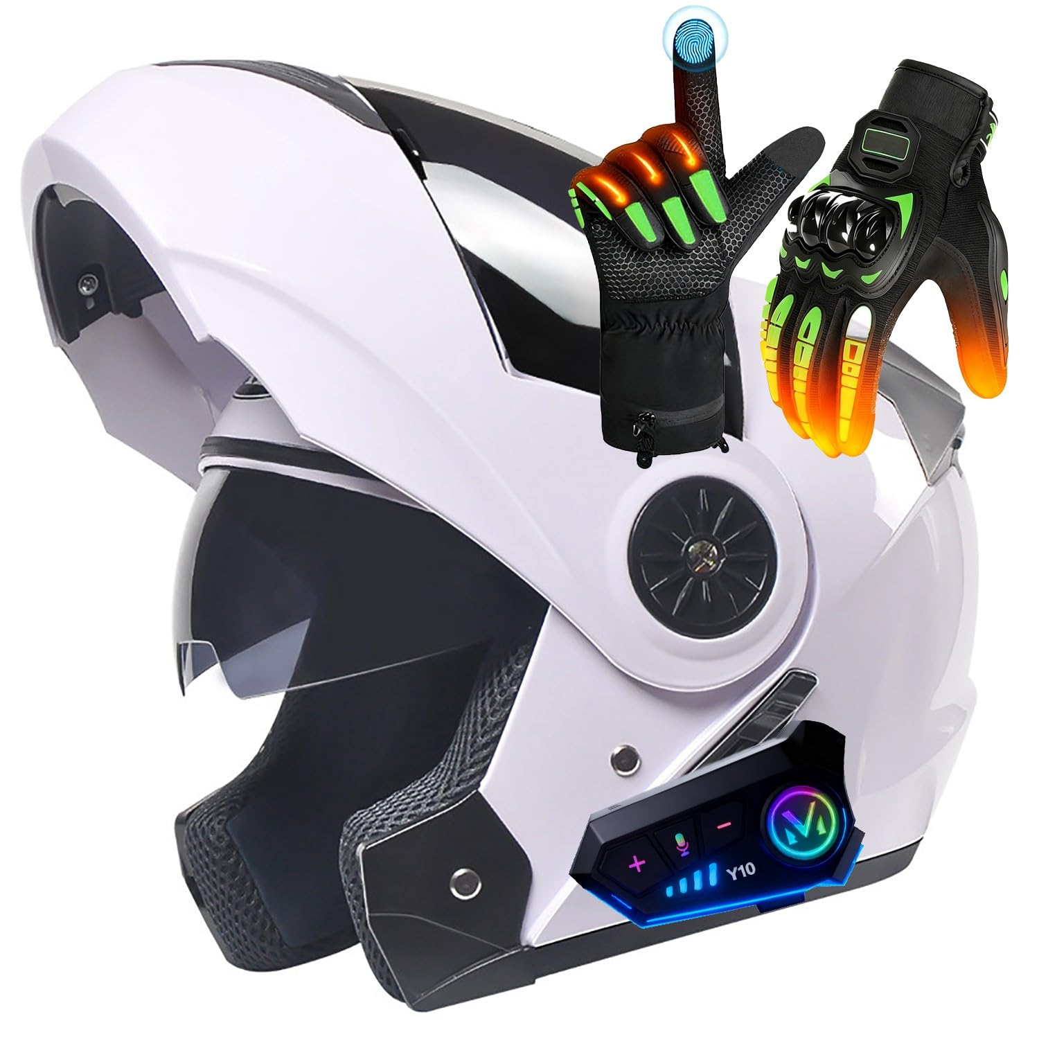 Casco De Moto Bluetooth, Casco Abatible, Guantes Táctiles Calientes, ECE Homologado Doble Visera Antivaho, Adultos Hombres Mujeres J,Medium