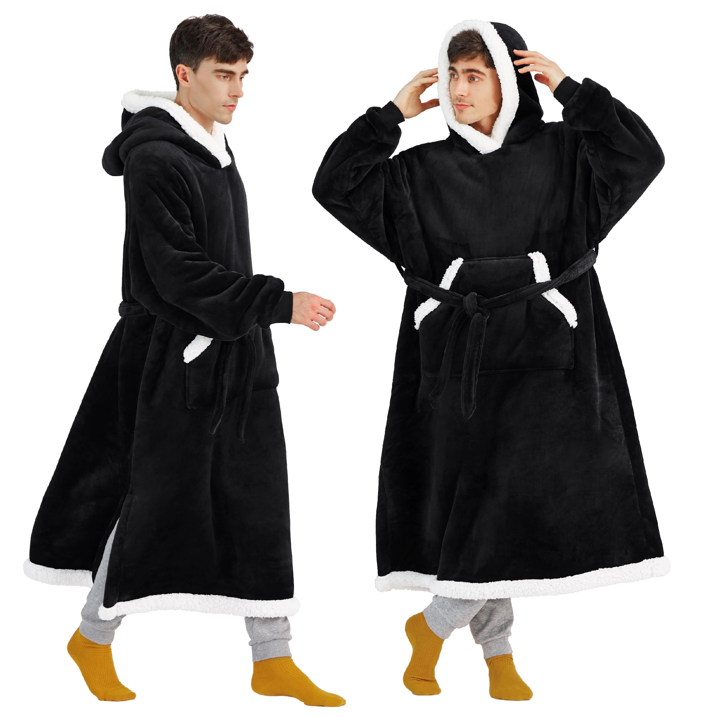 Bedsure Wearable Blanket Hoodie, Long Hooded Blanket Sweatshirt as Christmas Birthday Gifts for Men, Cozy Sherpa Hoodie for Adult, Oversize, Black