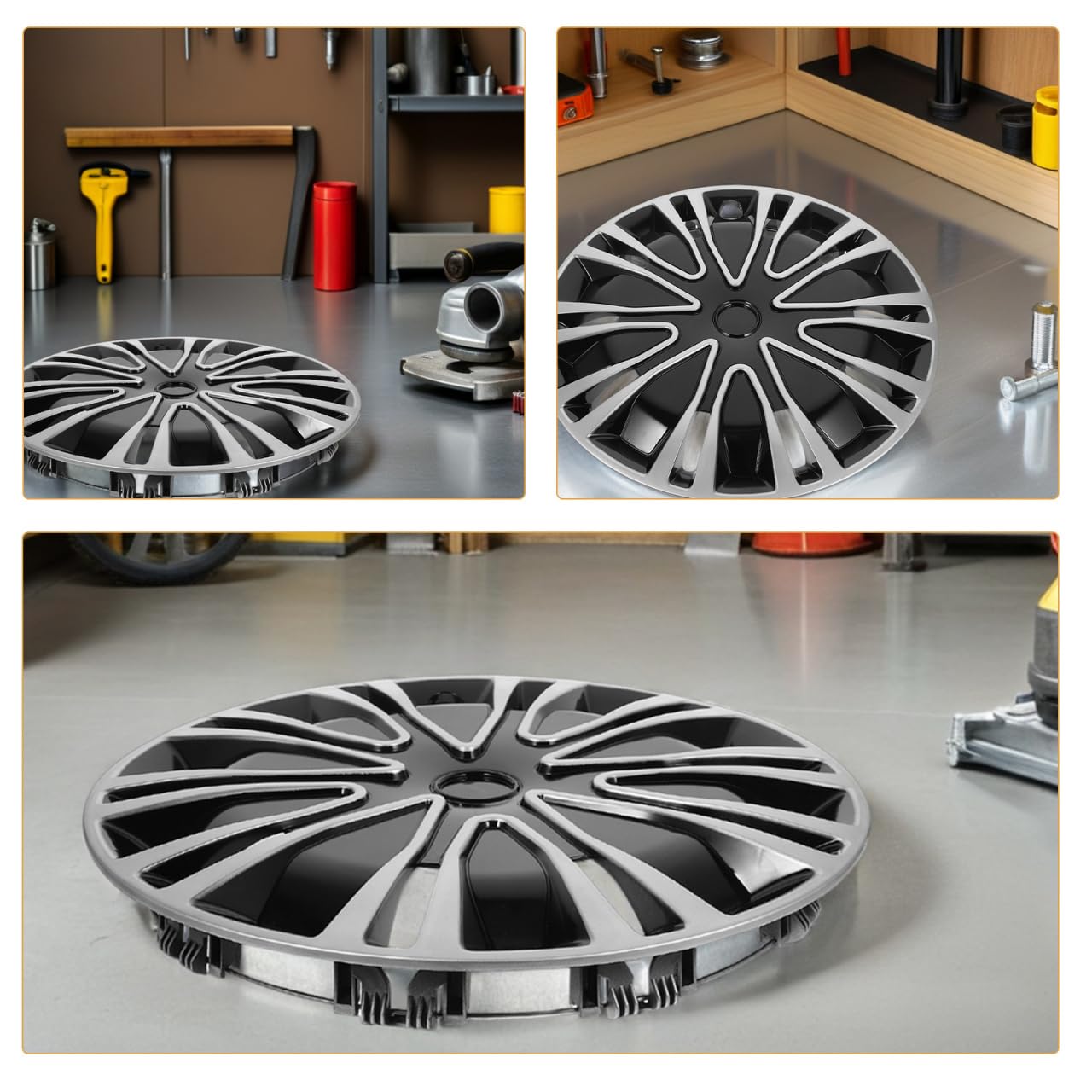 Cabilock Enjoliveur de Roue 13 Pouces Universel Argenté et Noir, Cache Moyeu Automobile en Plastique Abs Résistant, Couvercle de Jante pour Auto, Voiture, Fiesta, C3 et Panda