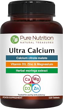 Pure Nutrition Ultra Calcium 1000mg with VIT D3 + K | 120 Tab | Highly absorbable Supplement with Calcium Citrate Malate, VIT D3, K, Moringa Oleifera, Magnesium and Zinc.