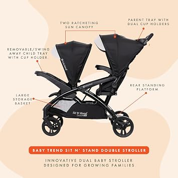 Baby Trend Sit N' Stand 2.0 DLX Foldable Double Stroller, Modern Khaki