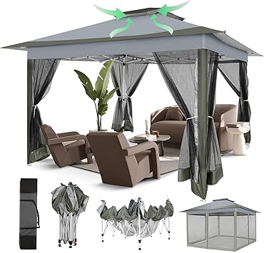 COBIZI 12x12 Pop Up Gazebos On Clearance - Upgrade Easy Up Metal Outdoor Gazebo Waterproof - Portable Gazebo with Mosquito Nettings, 4 Ropes 8 Stakes and Carry Bag for Patio GardenDark Gray