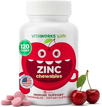 VitaWorks Kids Zinc 15mg Chewable Tablets - Natural Cherry Flavor - Vegan, Vegetarian, GMO-Free, Gluten Free, Nut Free Vitamins - Dietary Supplement for Immune Support - for Children - 120 Chewables
