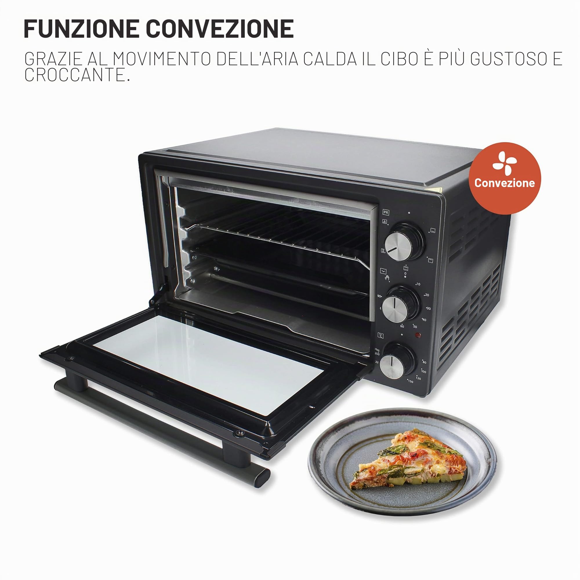 TM Electron TMPHO020 - Forno a convezione da tavolo, 5 funzioni, capacità 20 litri, timer 90 minuti, temperatura regolabile da 80° a 250°, 1500W