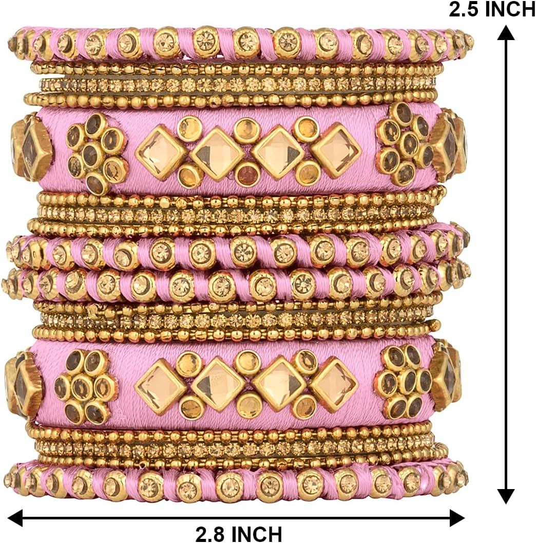 Aheli Ethnic Handmade Silk Thread Faux Stone Studded Bangle Set Chuda Indian Wedding Wear Fashion Jewelry Gift for Women Light Pink