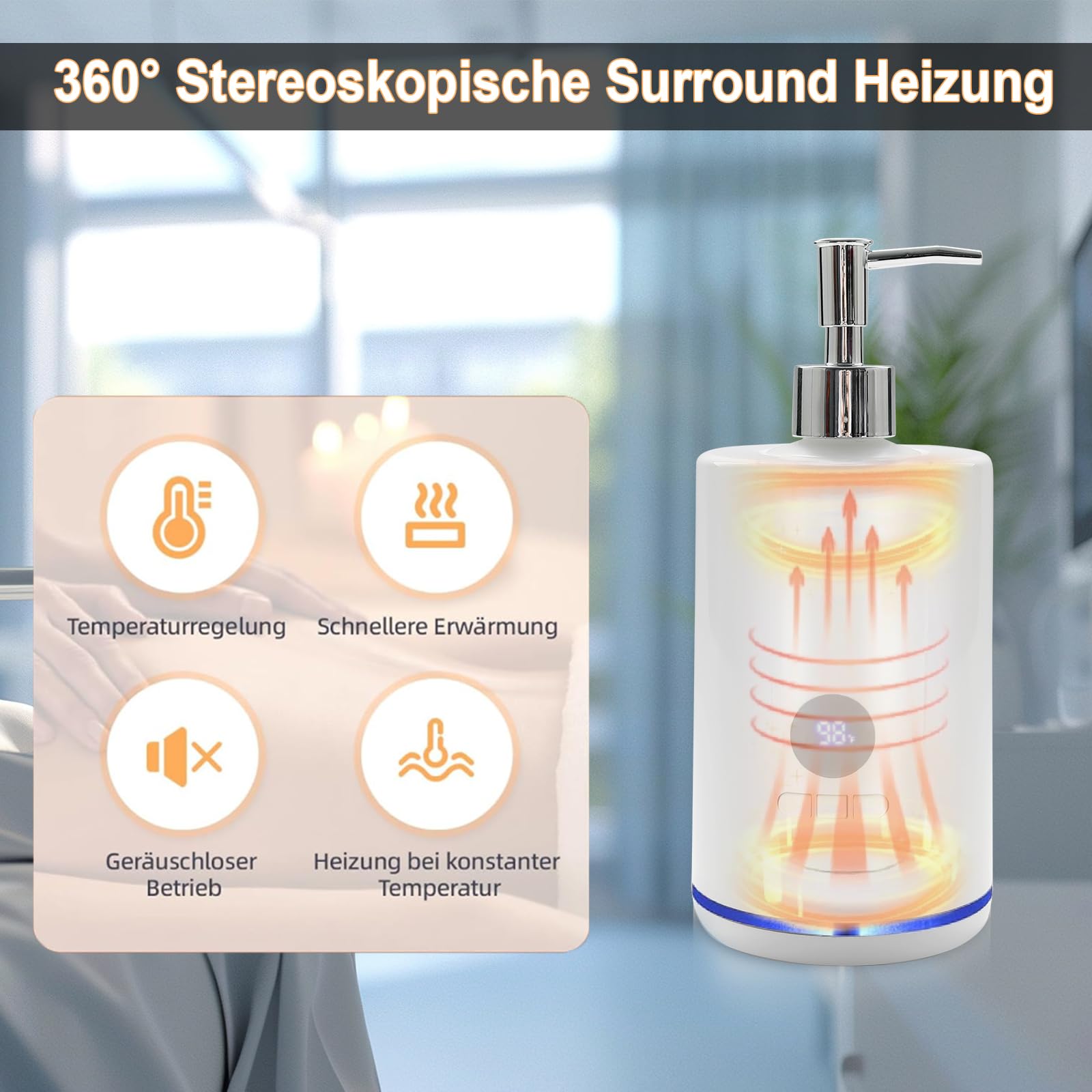 Massageöl Wärmer | Externe Kunststoff Flasche - LED Beleuchtung | Temperaturbereich 40-60°C | Für Massageöl und ätherische Öle | Massage Wellness Wohlfühlen | Stilvoller Massageöl Erwärmer (Weiß)