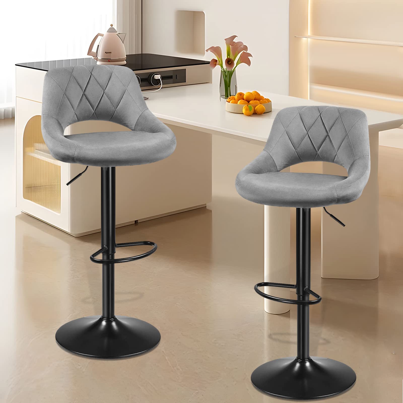 Taburete de bar, silla giratoria, taburete de cocina, taburete de Bistrot de terciopelo, sillas de altura ajustable con respaldo y reposapiés (2 unidades, gris claro)
