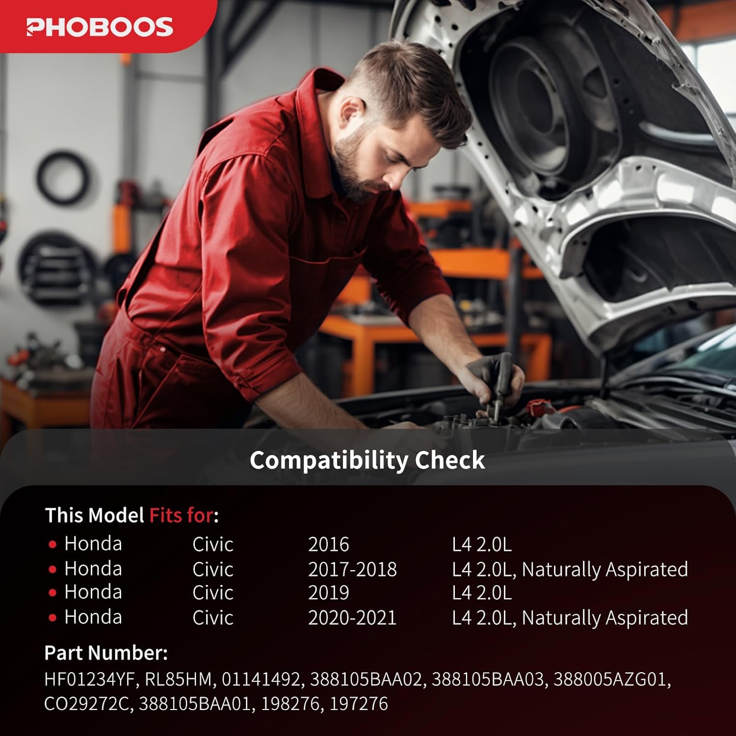 PHOBOOS A/C Compressor with Clutch Compatible with Honda Civic 2016-2021 L4 2.0L. Fast Cooling, Low Noise, Easy Installation, Ref. CO-29272C, 198276【For 2.0L ONLY】