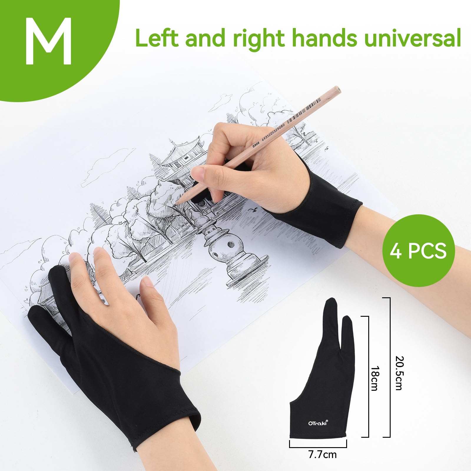 OTraki 4 PCS Guanto Tavoletta Grafica Nero 7.7X20.5cm Guanto per Disegnare Antivegetativa,Guanti Artista Due Dita Mano Destra e Mano Sinistra Accessori per Disegno Digitale Tablet da Disegno Grafico