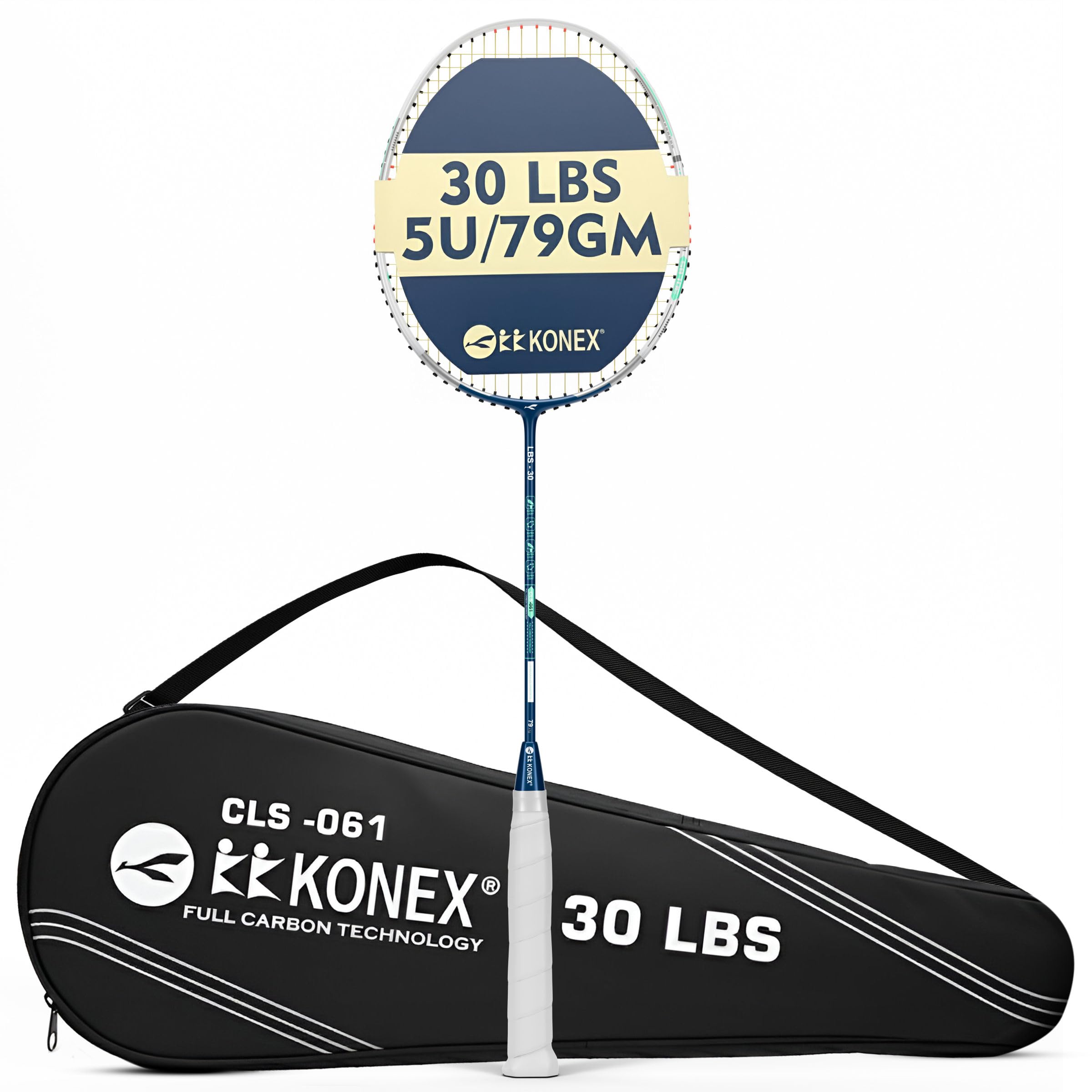 Konex Badminton Racquet 5U (79±2g) Full Carbon | 30 LBS String Tension | Super Lightweight Slim Shaft with Full Racket Cover (Pack of 1) White