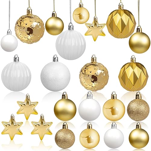 FUTUREPLUSX 32PCS Christmas Hanging Ball Ornaments, Christmas Tree Ornaments Glitter White and Gold Decorative Balls for Xmas Tree Party Decor