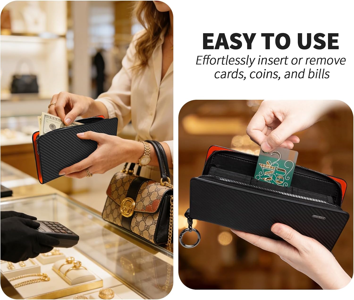 T-carbon Credit Card Holder with ZIpper,RFID Blocking Wallet for Men and Women,Carbon Fiber Leather business card holder, 36 Card Slots Orange
