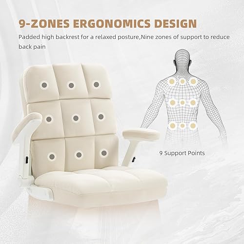 Miniatura 8 de SEATZONE Silla de oficina en casa, silla de escritorio de terciopelo beige con ruedas, cómoda silla de trabajo para computadora con brazos abatibles