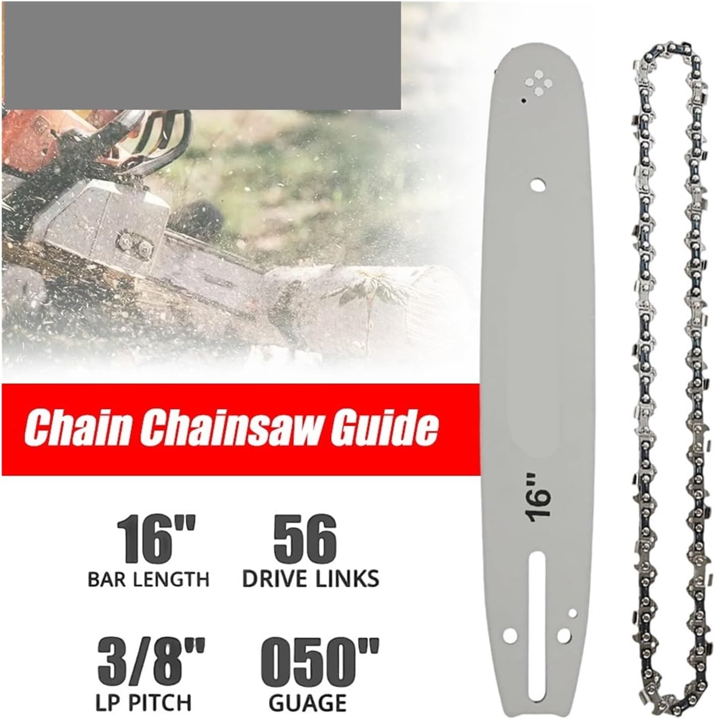 16 Inch 56 Drive Links Chainsaw Chain Guide Bar and Saw Chain Set 3/8" Pitch Chain Low-Kickback for Craftsman Carpentry Tools(1Pc Guide Bar)
