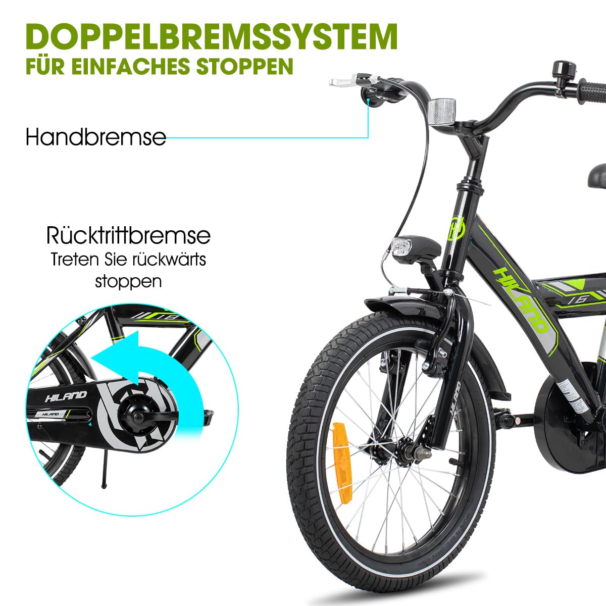 HILAND 16/18/20 Zoll Kinderfahrrad Mountainbike Kinder MTB für Jungen und Mädchen ab 4 5 6 7 8 9 Jahren Licht Gepäckträger Stützräder/Ständer, Schwarz/Weiß