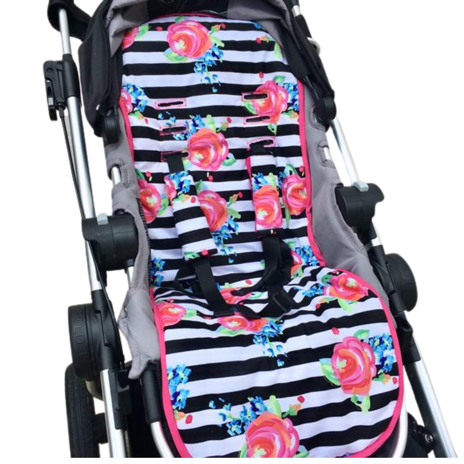 Universal Stroller Pram Liner, Watercolor Floral with Black White Stripes, Seat Protector, Baby Stroller Strap Covers