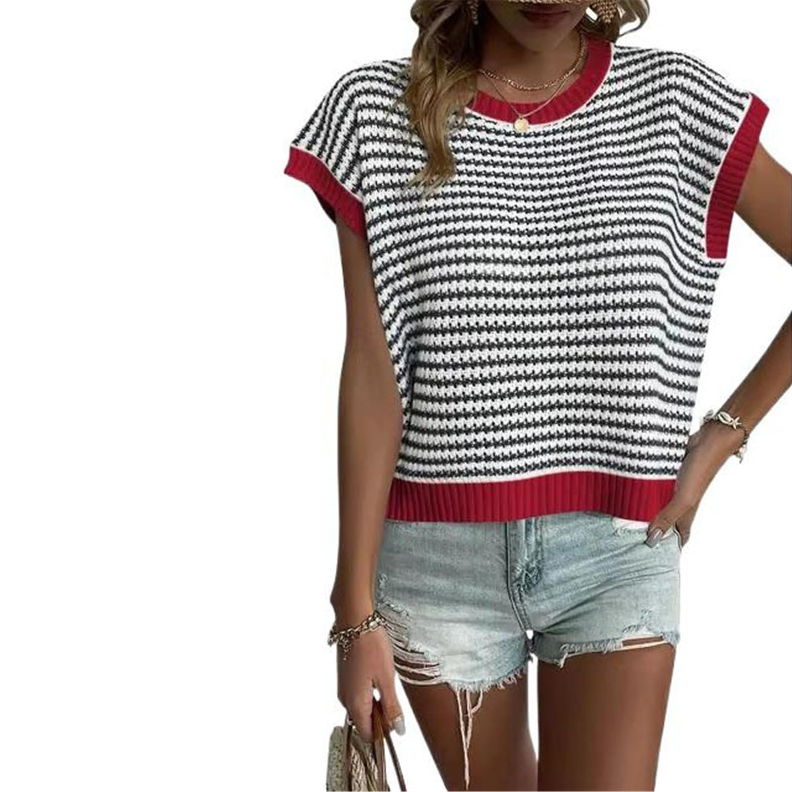 Maglia Senza Maniche a Righe Donna, Top Morbido e Traspirante Collo Rotondo per Spiaggia Estate