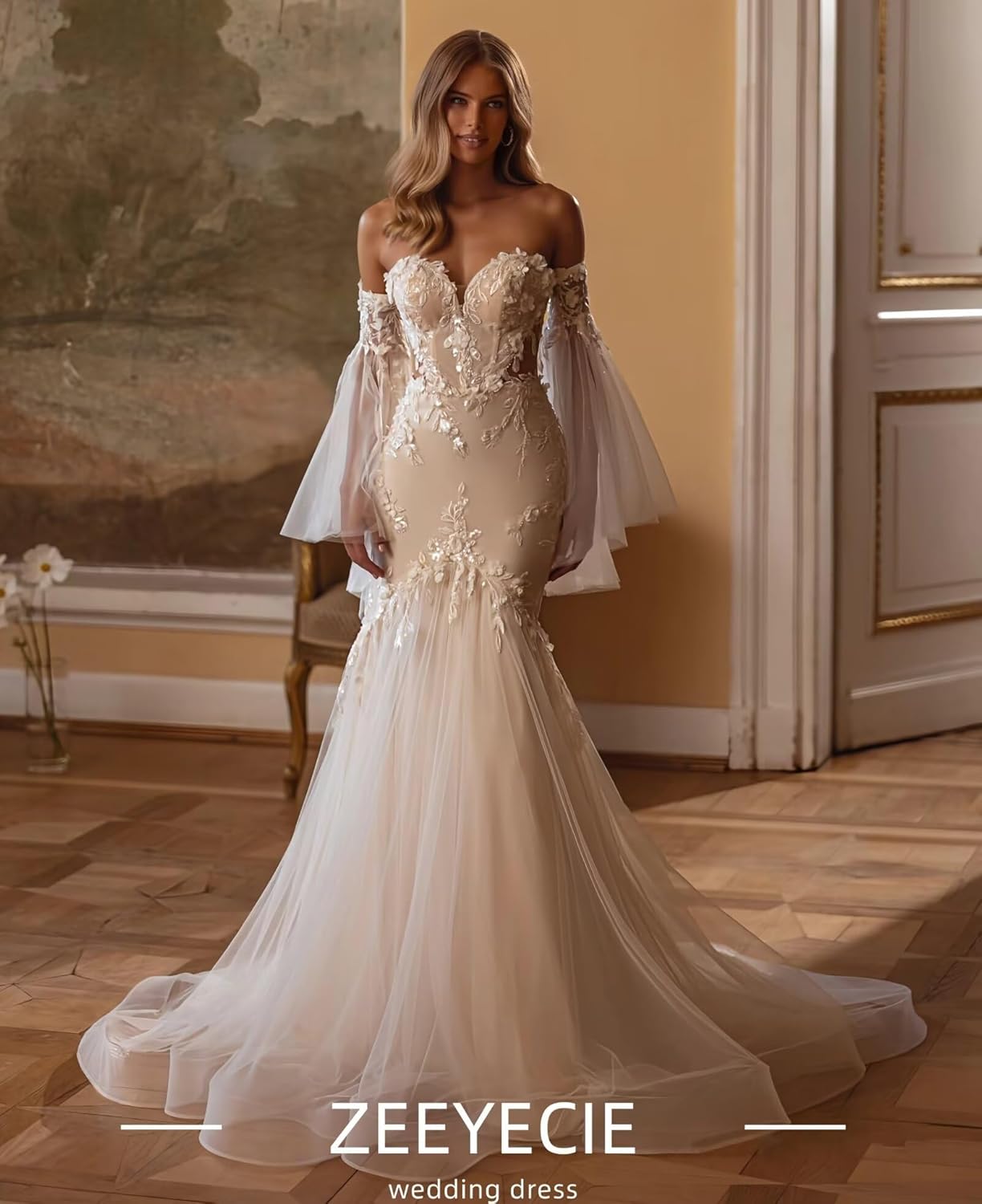 Zeeyecie Off Shoulder Tulle Wedding Dresses Mermaid Lace Applique Sparkly Long Sleeve Bridal Gowns with Train for Brides