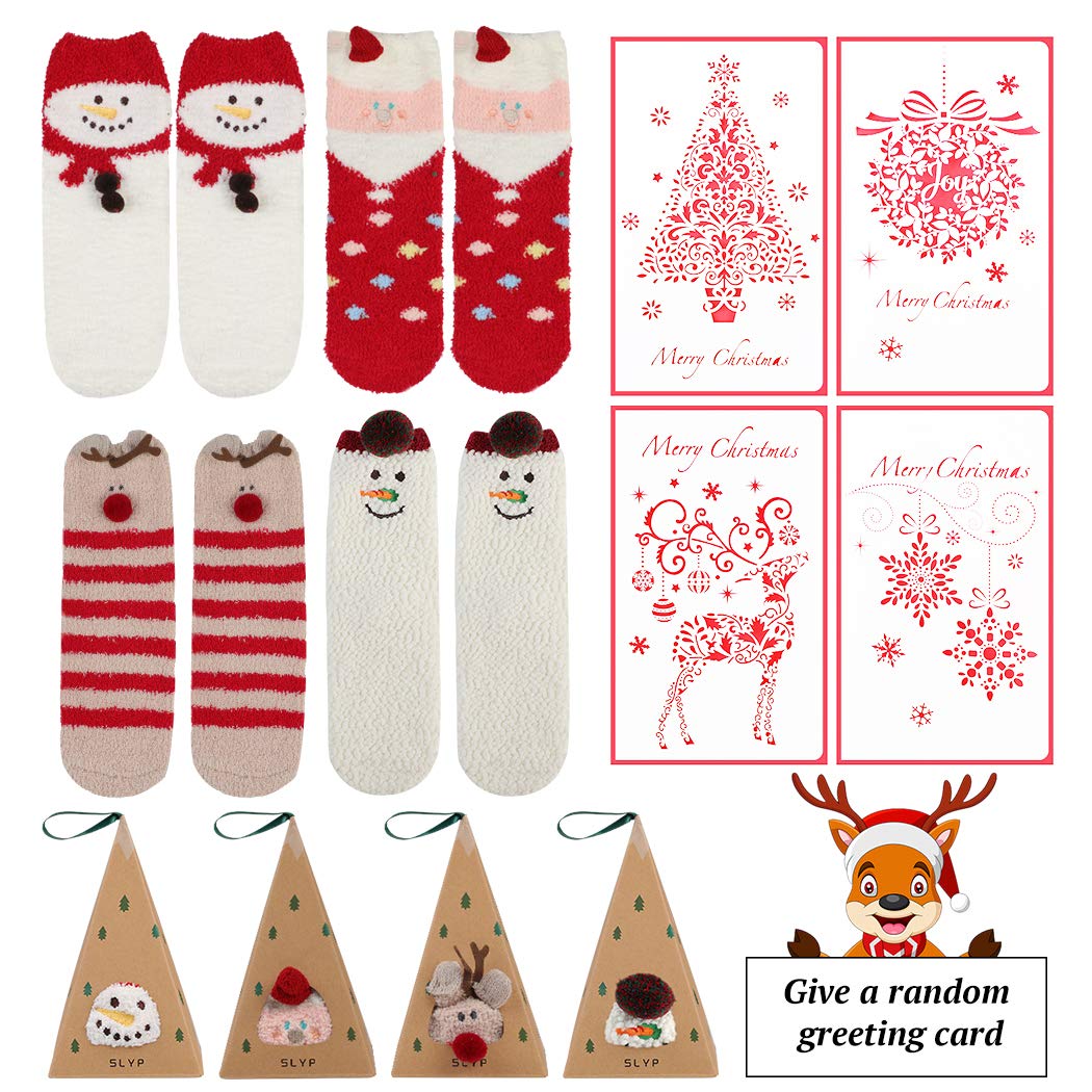 4 Paar Weihnachtssocken für Damen, kuschelige Socken mit Rentier, Schneemann und Streifen im Cartoon-Design, mit Grußkarte, weich und elastisch, Geschenkbox für die Weihnachtszeit