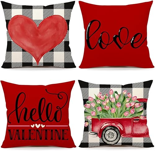 4TH Emotion Juego de 4 fundas de almohada para el día de San Valentín de 18 x 18 pulgadas, decoración de granja de búfalo de primavera, camión rojo