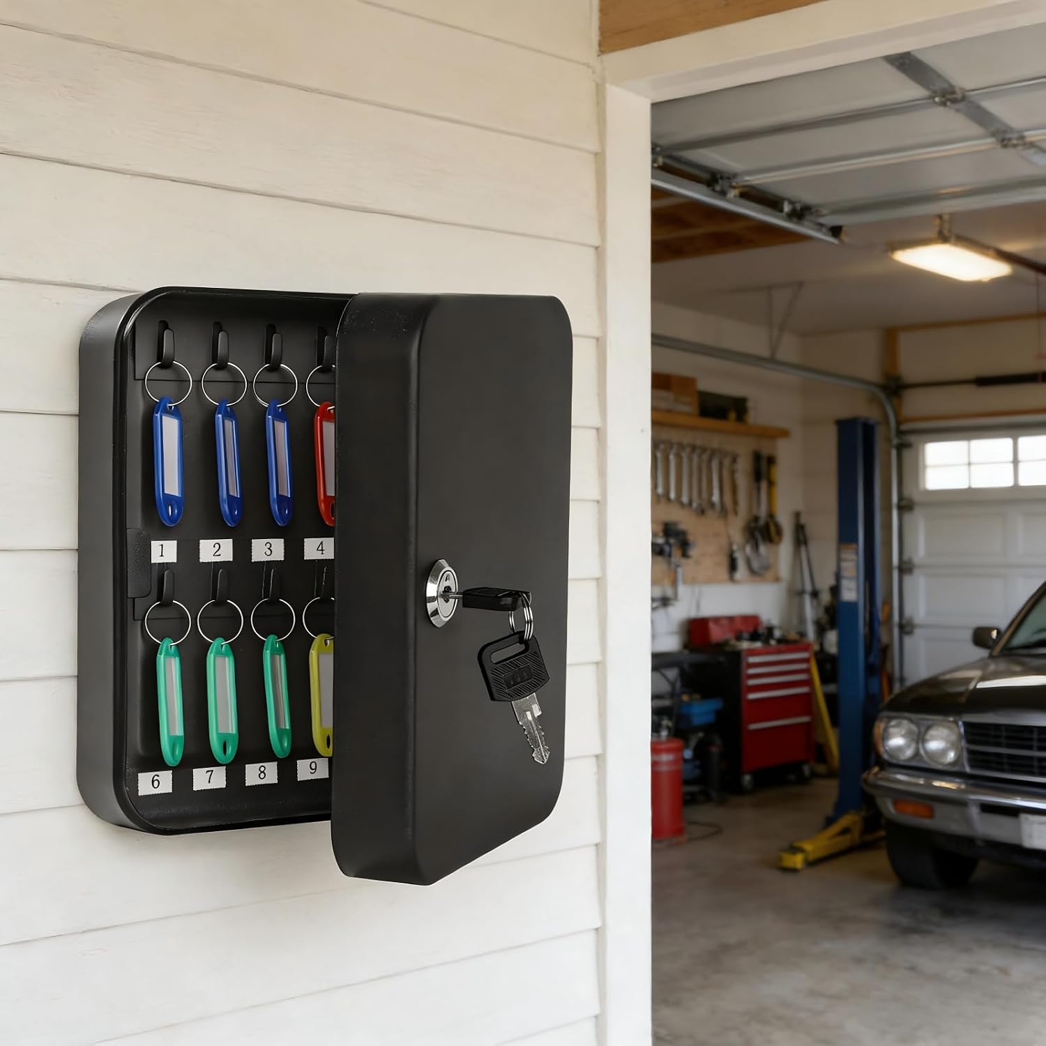 KYODOLED Key Box Wall Mount, Key Lock, 20 Hooks, Black | 20 Key Rings & Tags, Durable Steel, Key Storage for Home, Office & Property Managers, Indoor Use, 3.14"D x 6.3"W x 7.87"H