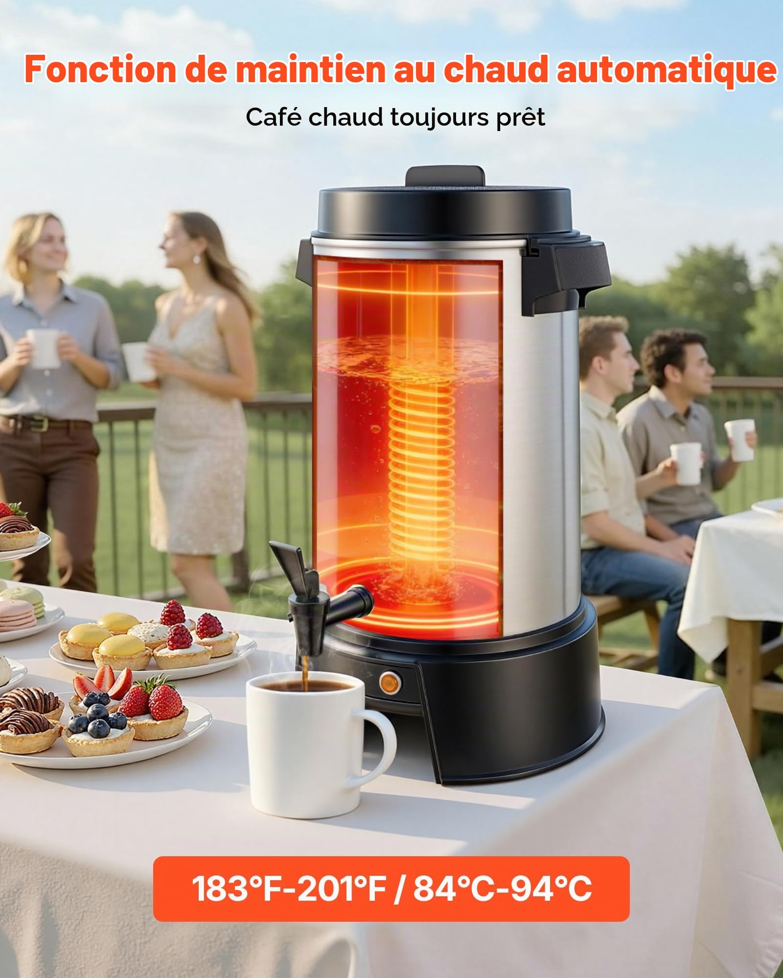 VEVOR Percolateur à Café 6,3 L 42 Tasses Distributeur de Boissons Chaudes, Pour Thé Chocolat Bureau Restauration Fête, Marmite à Vin Chaud 84-94 ℃, Fontaine à Café Infusion Rapide, Robinet Anti-goutte