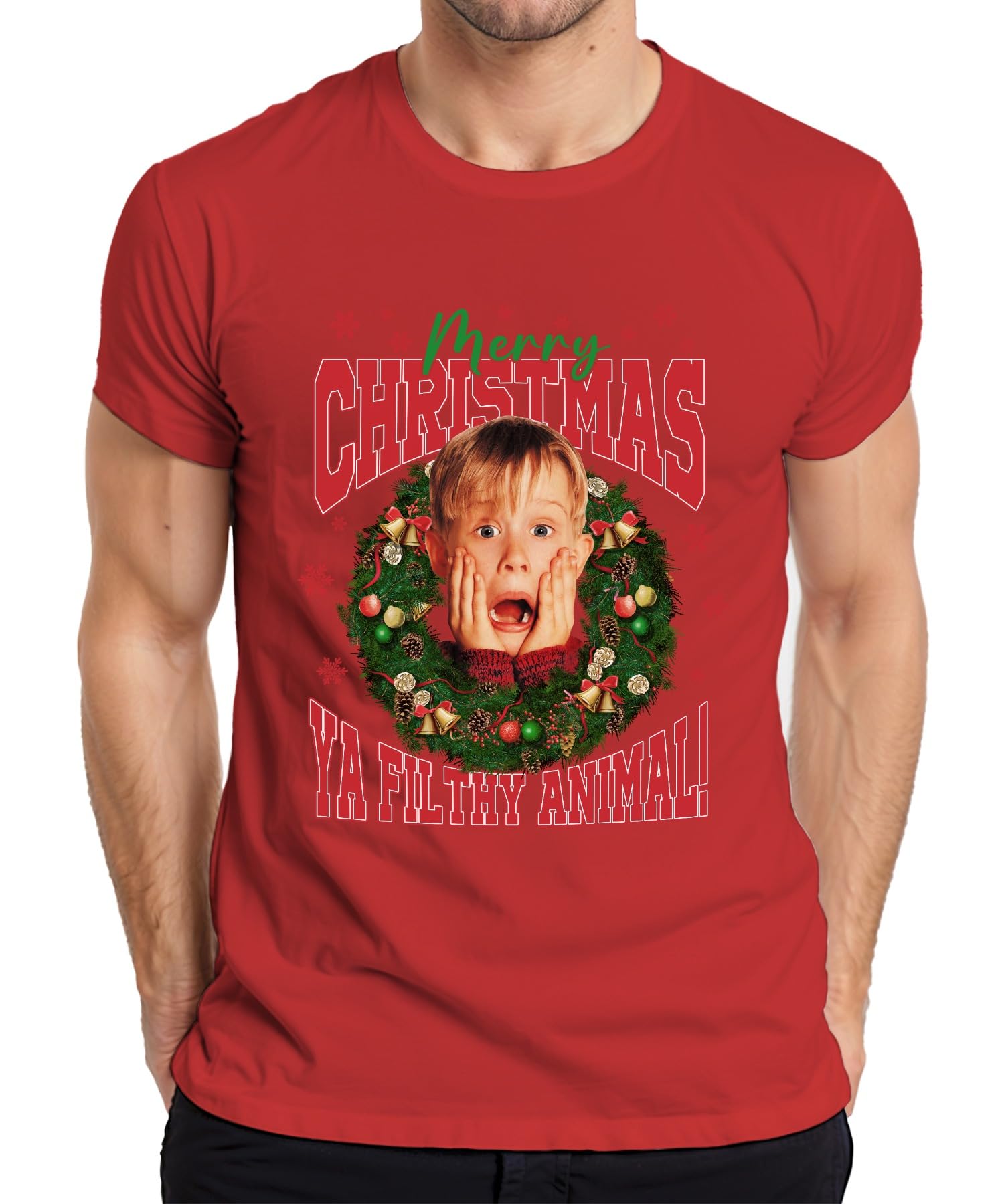 Printera Men's Red Merry Christmas Ya Filthy Animal Kevin Mccallister Home Alone Christmas Xmas T-Shirt, L