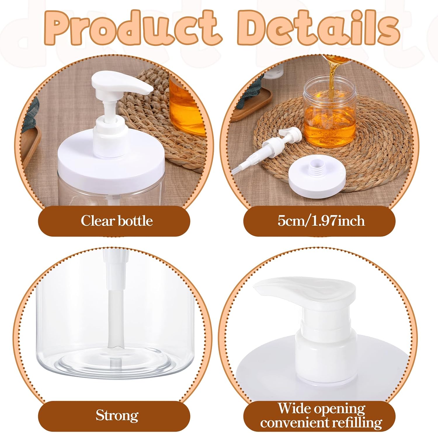 Dimeho 8 Pack Pump Bottle Dispenser 500ml Lotion Dispenser Wide Mouth Bathroom Shower Containers Plastic Refillable Empty Pump Bottles for Shampoo Conditioner Hand Lotion and Dish
