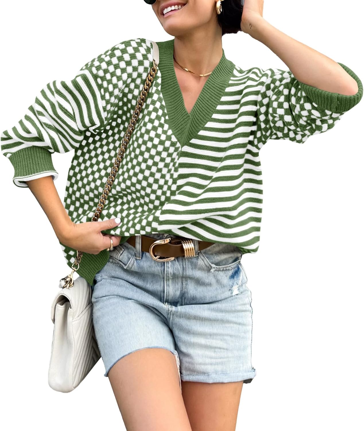 Saodimallsu Womens Checkered Striped Sweater V Neck Long Sleeve Fall Trendy Loose Knit Cozy Pullover Tops - Image 2