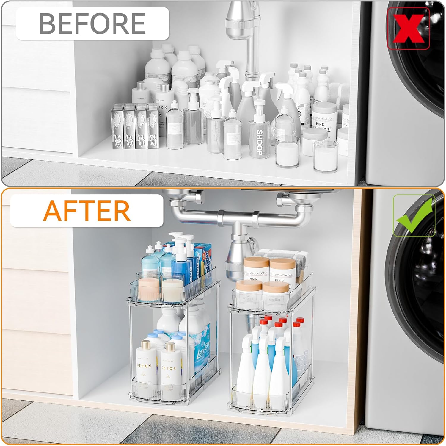Yieach 2 Pack 13.8″ Deep 2 Tier Under Sink Storage Organizer,Large Pull Out Bathroom Organizers and Storage,Slide Out Acrylic Undersink Storage Shelf,Kitchen Under Sink Organizer for Cleaning Products