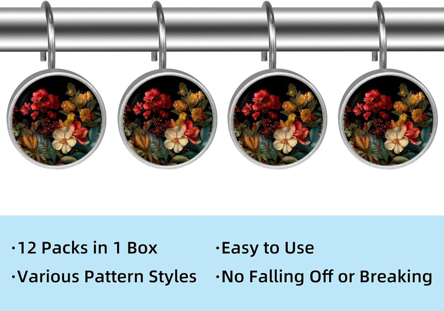12PCS Vintage Plants Flower (3) Shower Curtain Hooks Rings for Bathroom, Decorative Shower Curtain Hooks Rods Curtains and Liner