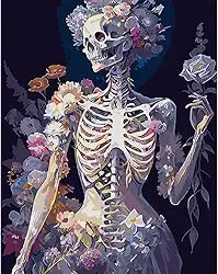 Kits de pintura por números para adultos iniciantes, kits de pintura de caveira simples de acrílico fácil para adultos, kits de pintura de esqueleto em aquarela por números em tela sem moldura para