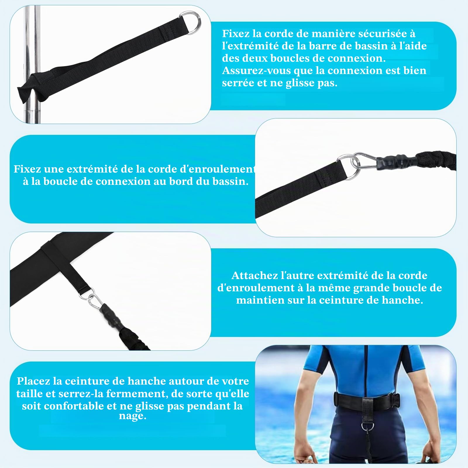 Ceinture de Natation avec Sangle Élastique de Résistance 2,5-7,5 m - Harnais d'Entraînement en Piscine pour Adultes et Enfants - Nage sur Place sans Contre-Courant - Équipement Fitness