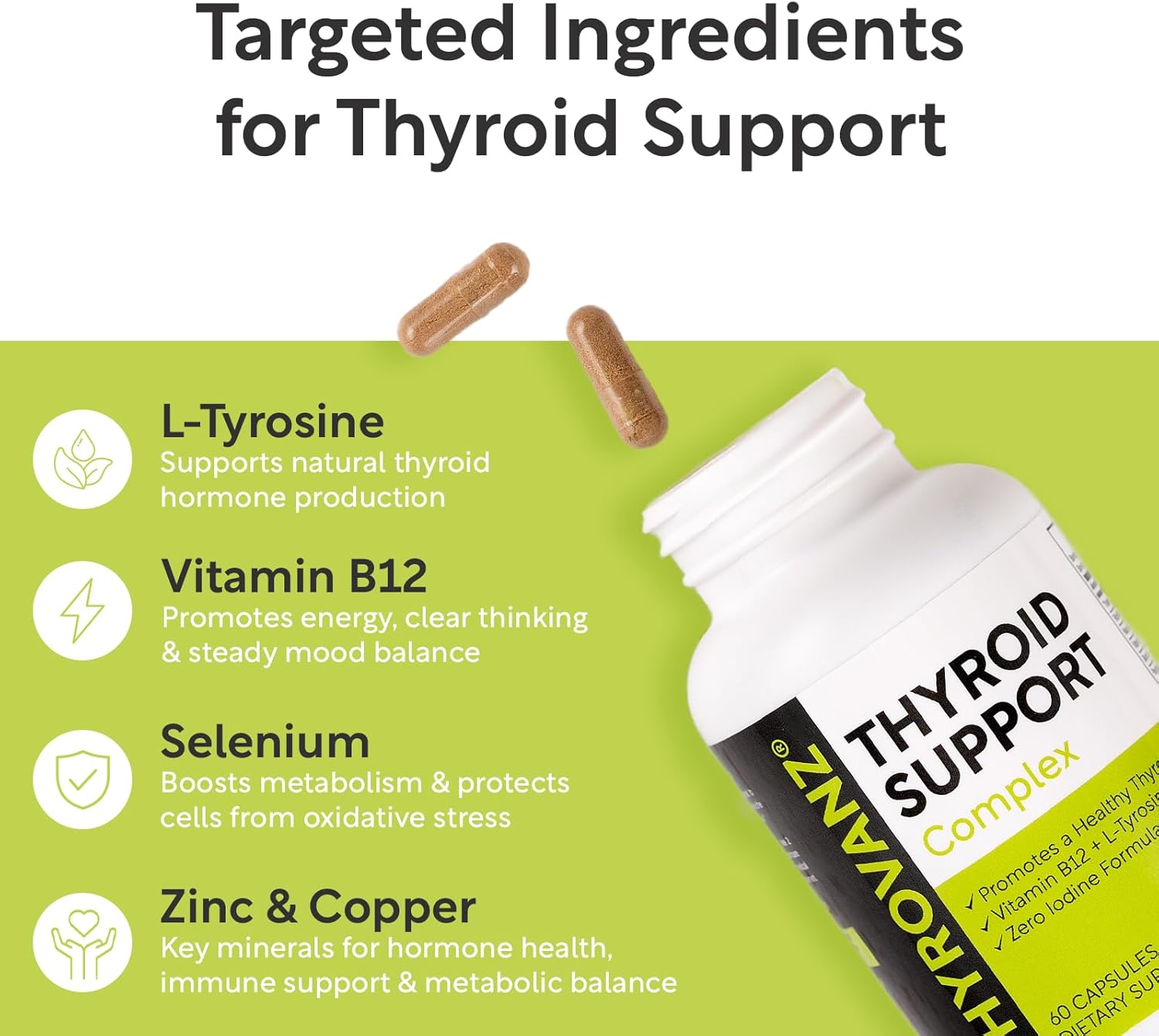 Thyroid Support Complex (60 Capsules) Thyroid Support for Women & Men, 0% Iodine, Boosts Mood & Energy, Fights Brain Fog & Stress, Includes B Vitamins, Non-GMO, Made in USA - cGMP Certified - Image 4