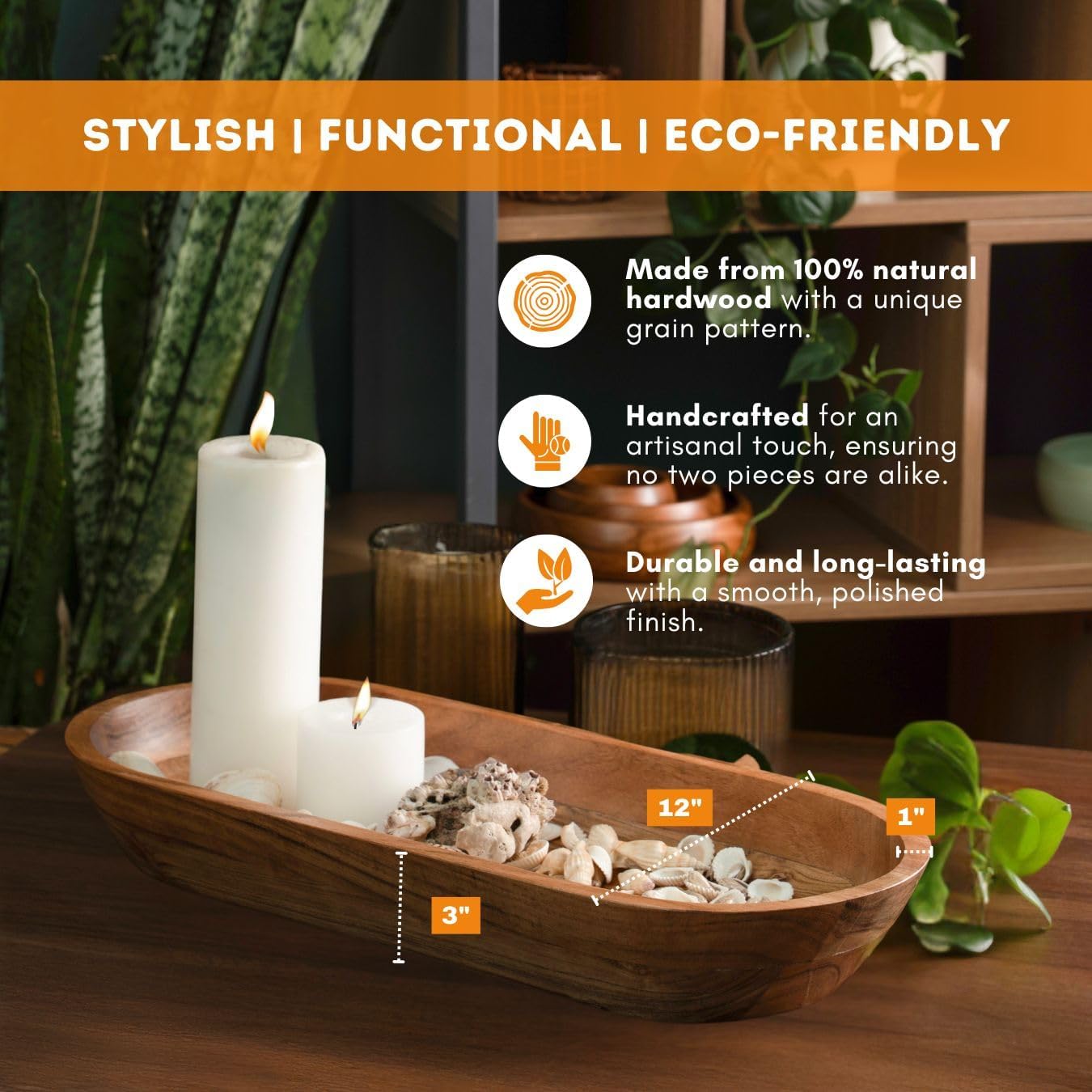 Luxe Designs Wooden Dough Bowl - Natural Acacia Wood - Handmade Decorative Bowls for Home Decor, Bathroom, Kitchen Counter, & More - Rustic Large Wood Dough Bowl for Decor, Cosmetics, and Keys