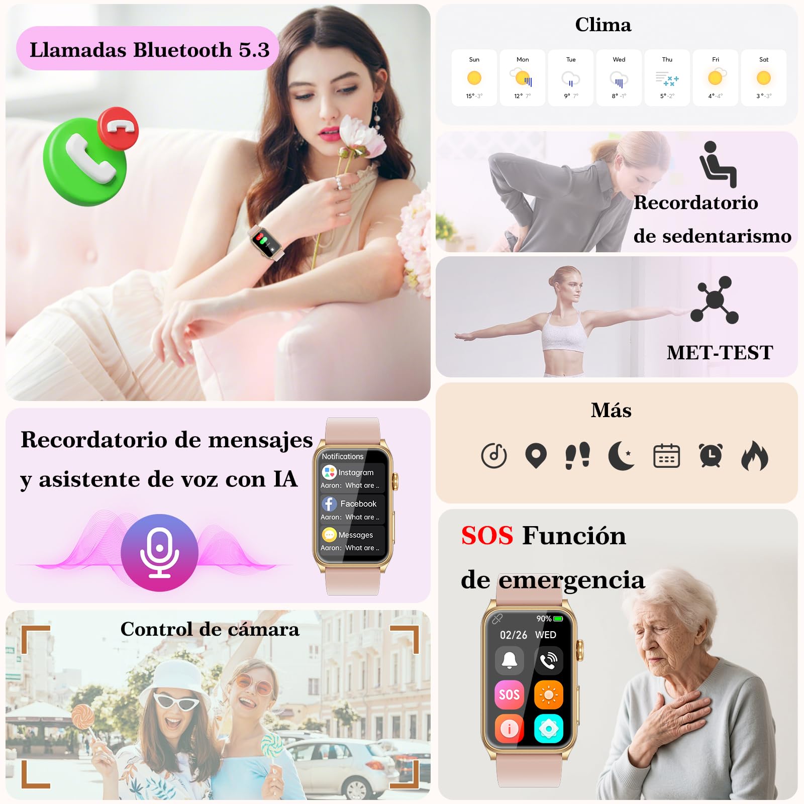 2026 Reloj Inteligente Mujer con ECG/Presion Arterial, 24H Pulsómetro, HRV | 1,57" HD Pantalla Cuadrada Pequeña Reloj Salud con IMC/Composición Corporal/SPO2/Función Femenina/Sueño/30s Mini Chequeo/SOS
