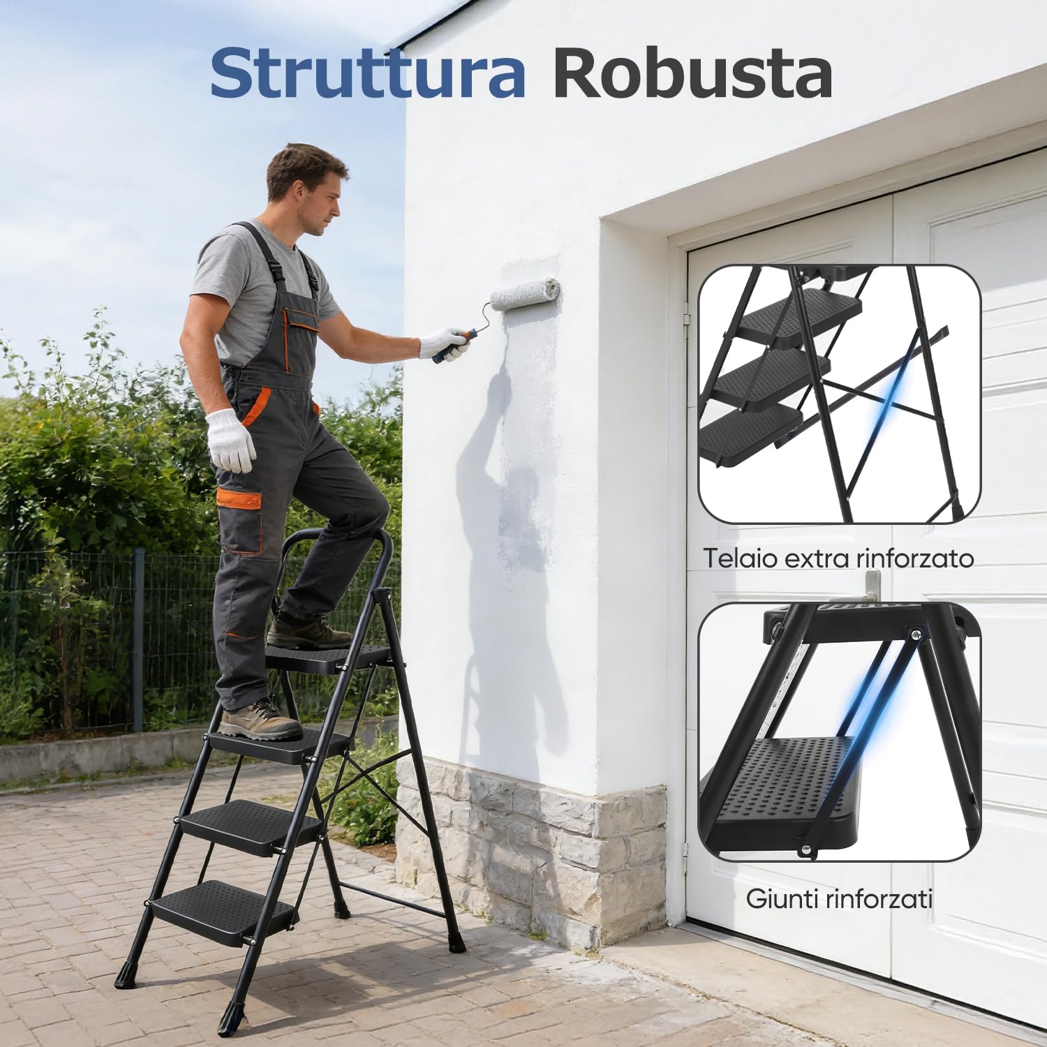 Sekey Scaletta Pieghevole 4 Gradini, Alto Scala Domestica con Telaio in Acciaio, Gradini di Plastico Antiscivoli, Pieghevole per Casa, TÜV & SGS, EN 131-2 & 14183, Capacità di Portata 150 Kg, Nero