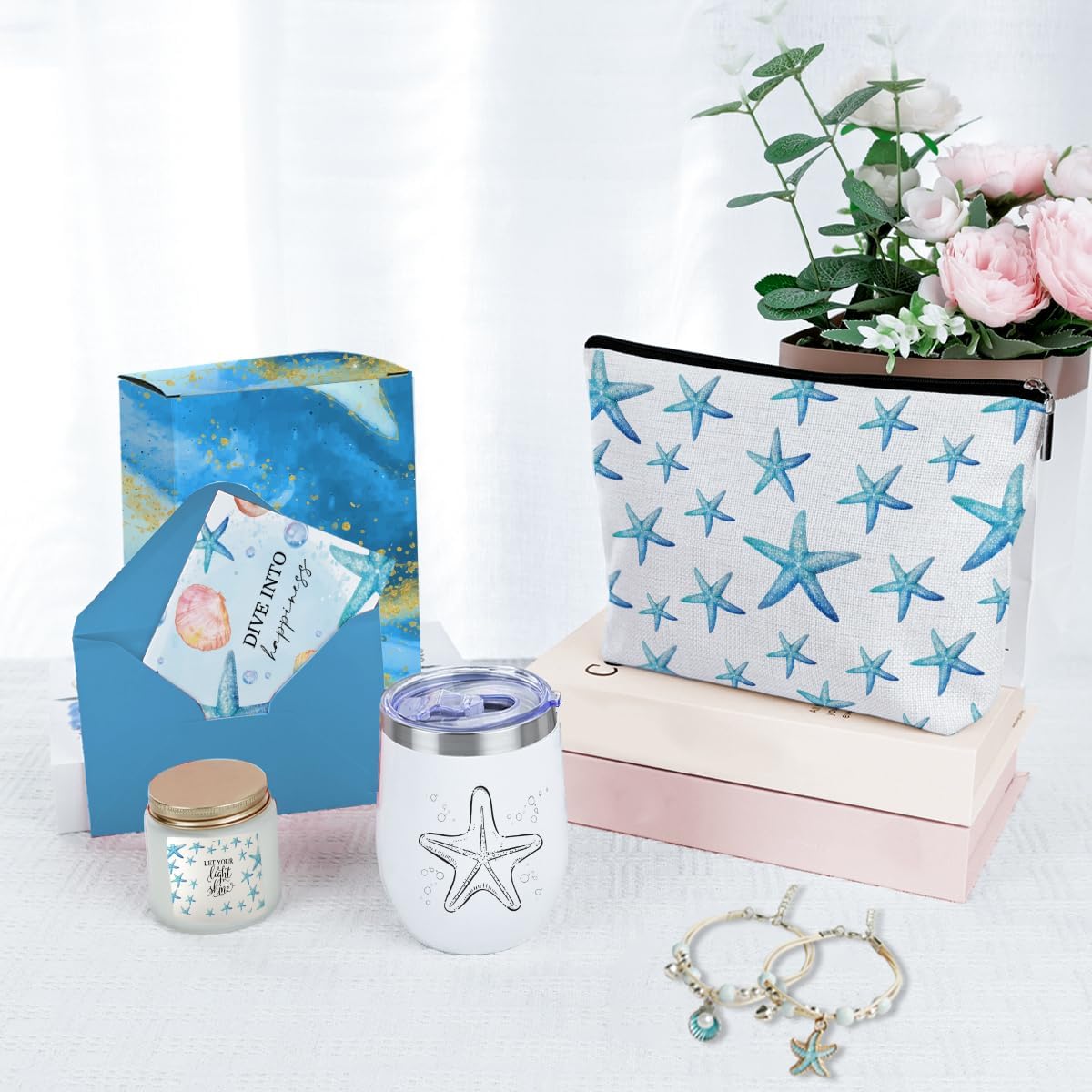 Cute Starfish Decor Starfish Ocean Friendship Appreciation Birthday Gifts for Women Beach Gifts for Women Girls Mom Sister Friends Card Wine Tumbler Cosmetic Makeup Bag Bracelet Christmas - Image 4