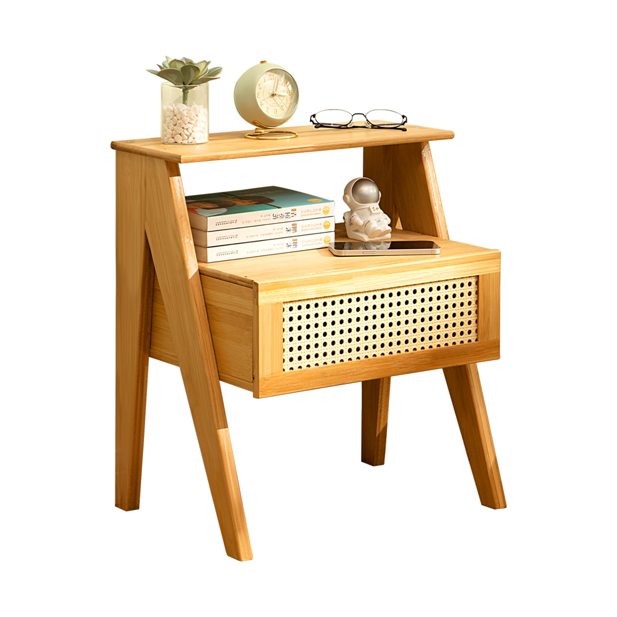 Comodino in Bambù con Cassetto, Mobile da Notte Boho | Design Trapezoidale Moderno| Tavolino Laterale per Camera, Soggiorno e Ufficio| 43x32x51 cm