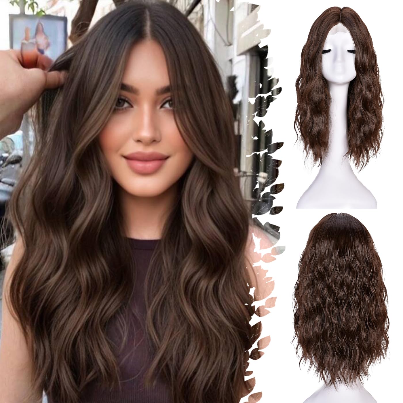 ANNISOUL Brown Short Wavy Wigs for Women 18Inch Bob Wave Wig Middle Part Synthetic Lace Front Natural Hairline Hair for Daily Party Use - Image 4