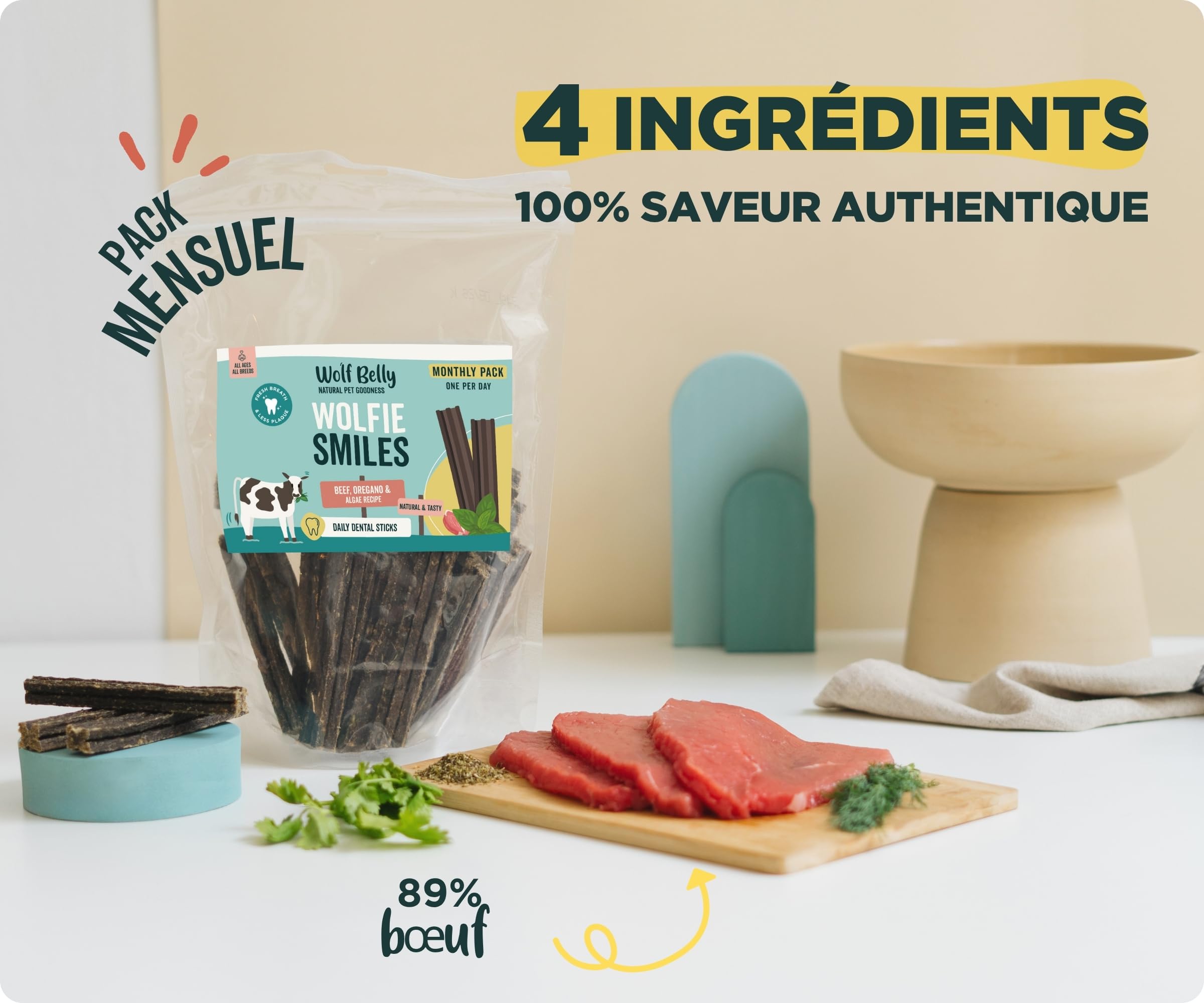 Wolf Belly - Pack d'Hygiène Dentaire Naturelle pour Chiens | Stick Dentaire au Bœuf 89% (28 unités) + Bye Bye Plaque - Fabriqué en UE