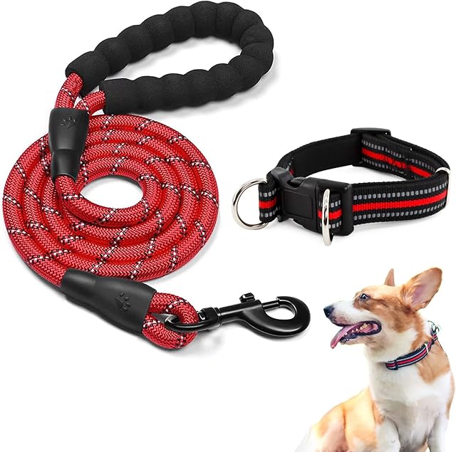 Adjustable Dog Collar and Lead Set 5FT/1.5M, Reflective Threads Dog Collar with Soft Neoprene Padded Handle Strong Durable Rope Breathable Pet Collar for Puppy Small Medium Large Dogs (S, Red)