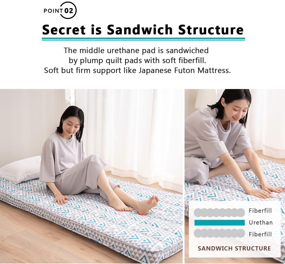 EMOOR Japanese Padded Futon Mattress Machi King Triangle-Gray (Shinsengumi Makoto), Gusset Foldable Storable Elastic Bands Floor Sleeping Guest Bed Tatami Mat