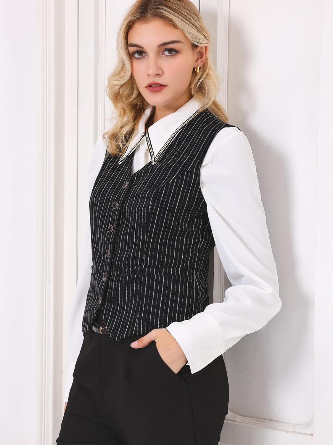 Women's Pinstripe Waistcoat Button Down Vintage Striped Vest