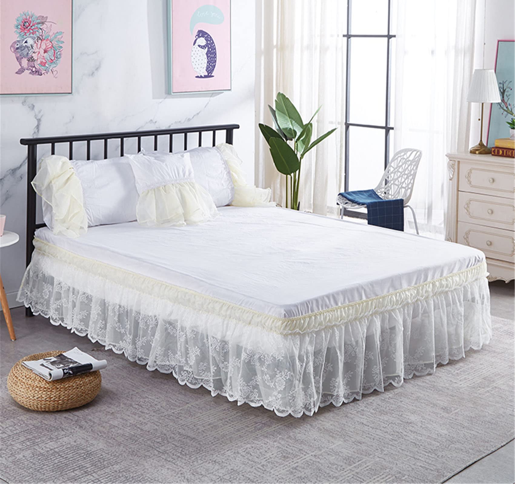 Surwin Pleated Bed Valance Sheet Single Double King Size Lace Embroidery Bed Base Wrap Extra Deep Frilled Fitted Valance Sheet Easy Care Bed Skirt Soft Breathable (Beige,100x200x40cm)